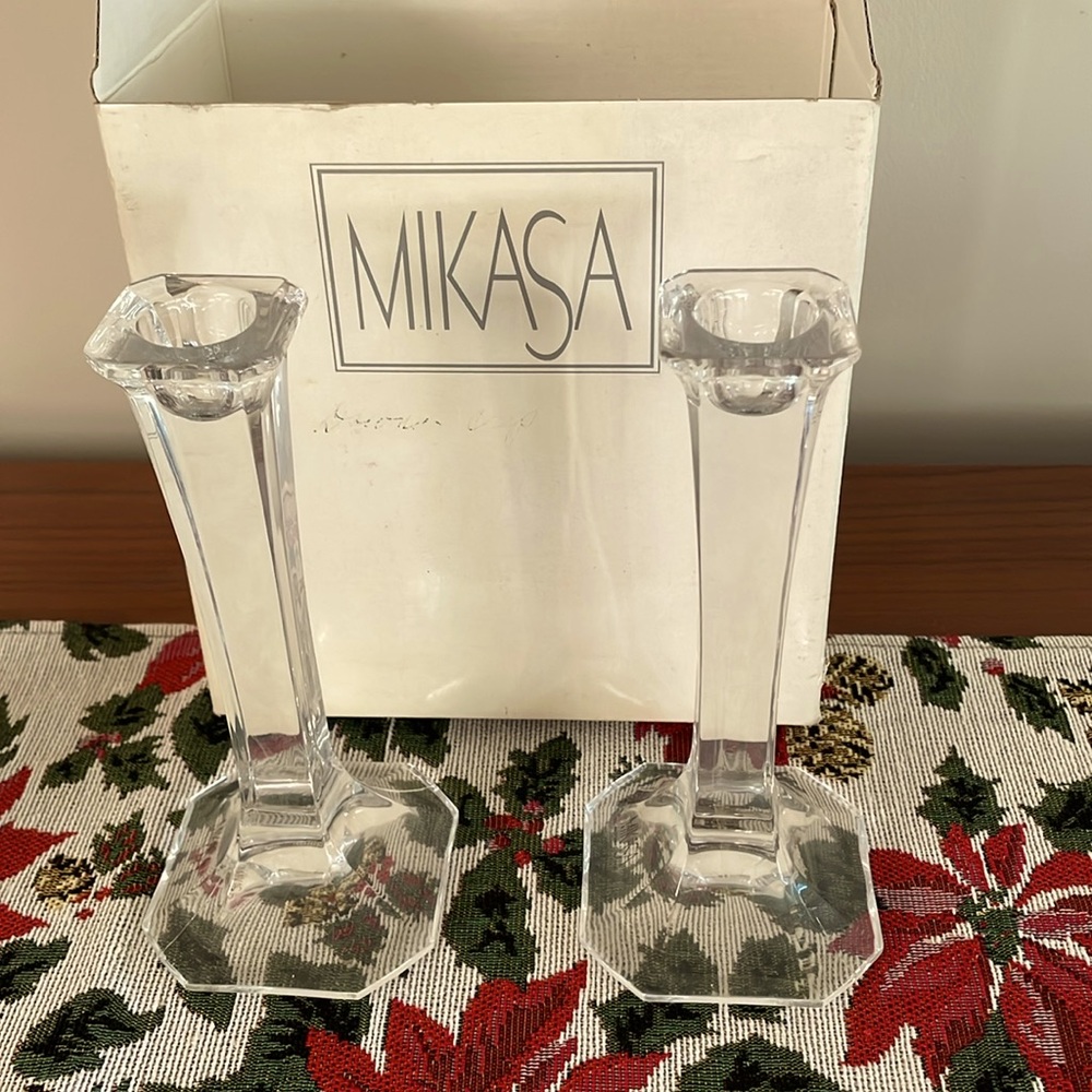 Mikasa “Hyde Park” crystal candleholders 7” tall.